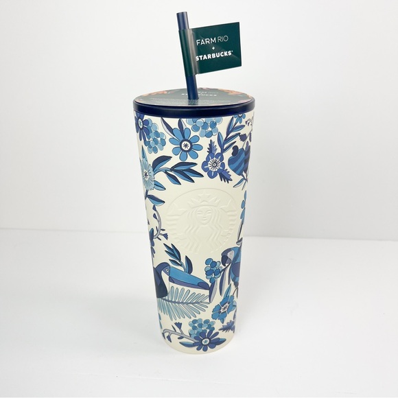 Starbucks Other - Starbucks x Farm Rio 24 oz Stainless Tumbler White Blue Lenco Azulejo